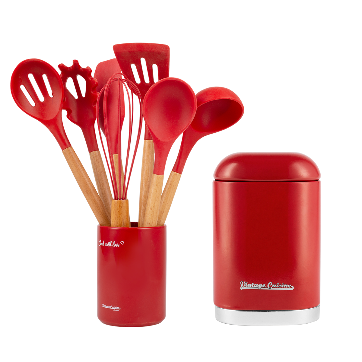 Set of kitchen utensils + Red retro container